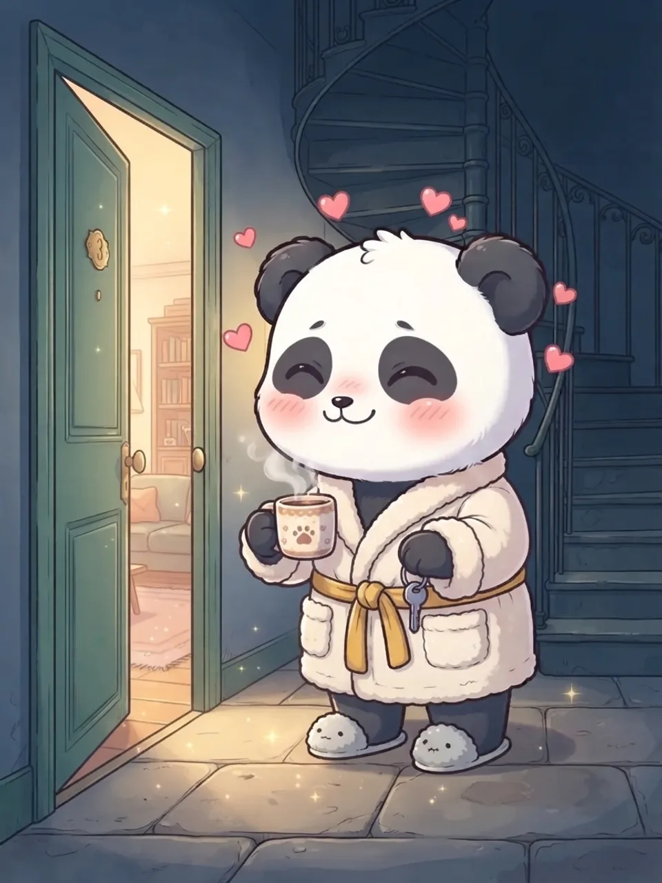 Après : la porte est ouverte, le panda est chez lui, tasse à la main